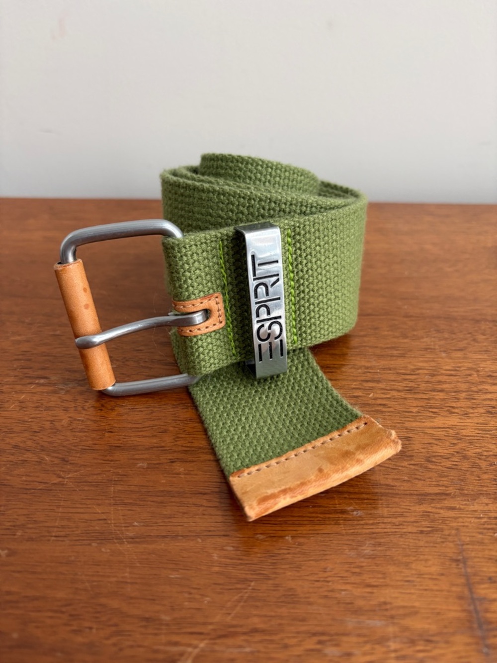 Vintage ESPRIT Green Canvas Belt with Leather Accents
